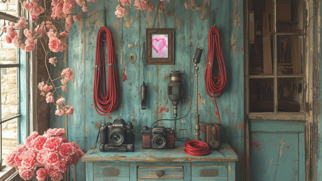 Background for creators spicy Tea. Teal painted room with pink flowers, multiple old cameras and recording equipment, and red rope