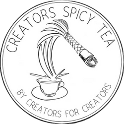 the creators spicy tea logo a single line drawing of a flogger and a cup of tea. The text reads creators spicy tea, by creators for creators